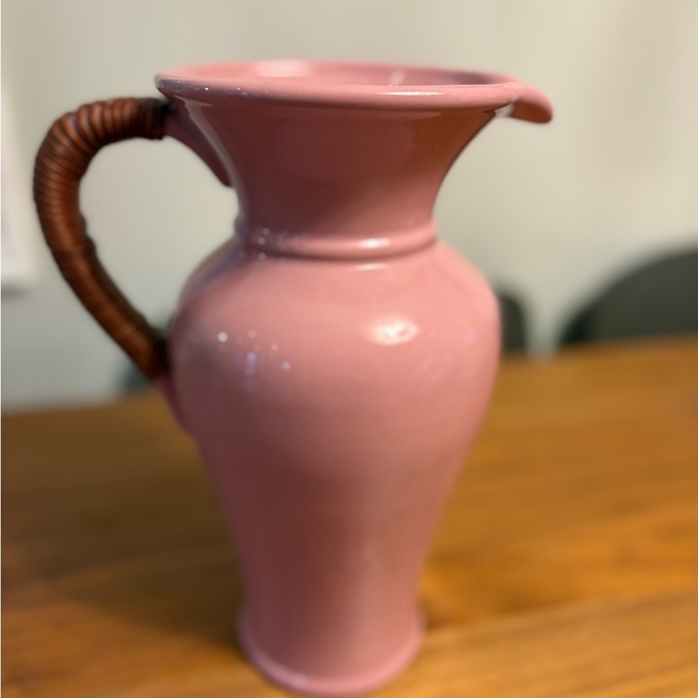 Vintage Pink Ceramic Pitcher with Woven Handle